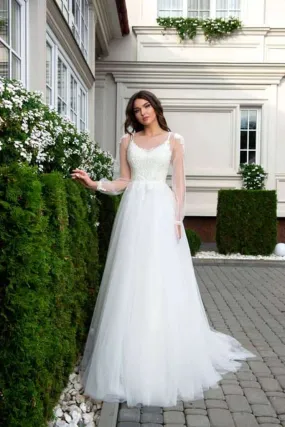 ---Romantic wedding dress in soft tulle with embroidered floral appliques, A line style with long sleeves--