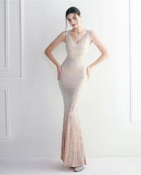 19605mixed-color Sequin Craft Beading Evening Dress Long Banquet Slim Evening Dress Temperament Elegant Long