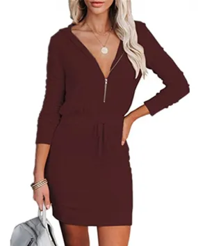 Abito da donna autunno inverno Moda scollo a V con cerniere Abito manica lunga con cappuccio Lady Elegante mini abiti da spiaggi