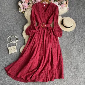 Abito lungo Boho autunnale per donna Abito longuette in cotone a maniche lunghe con cintura cava Vestidos monopetto femminile Vi