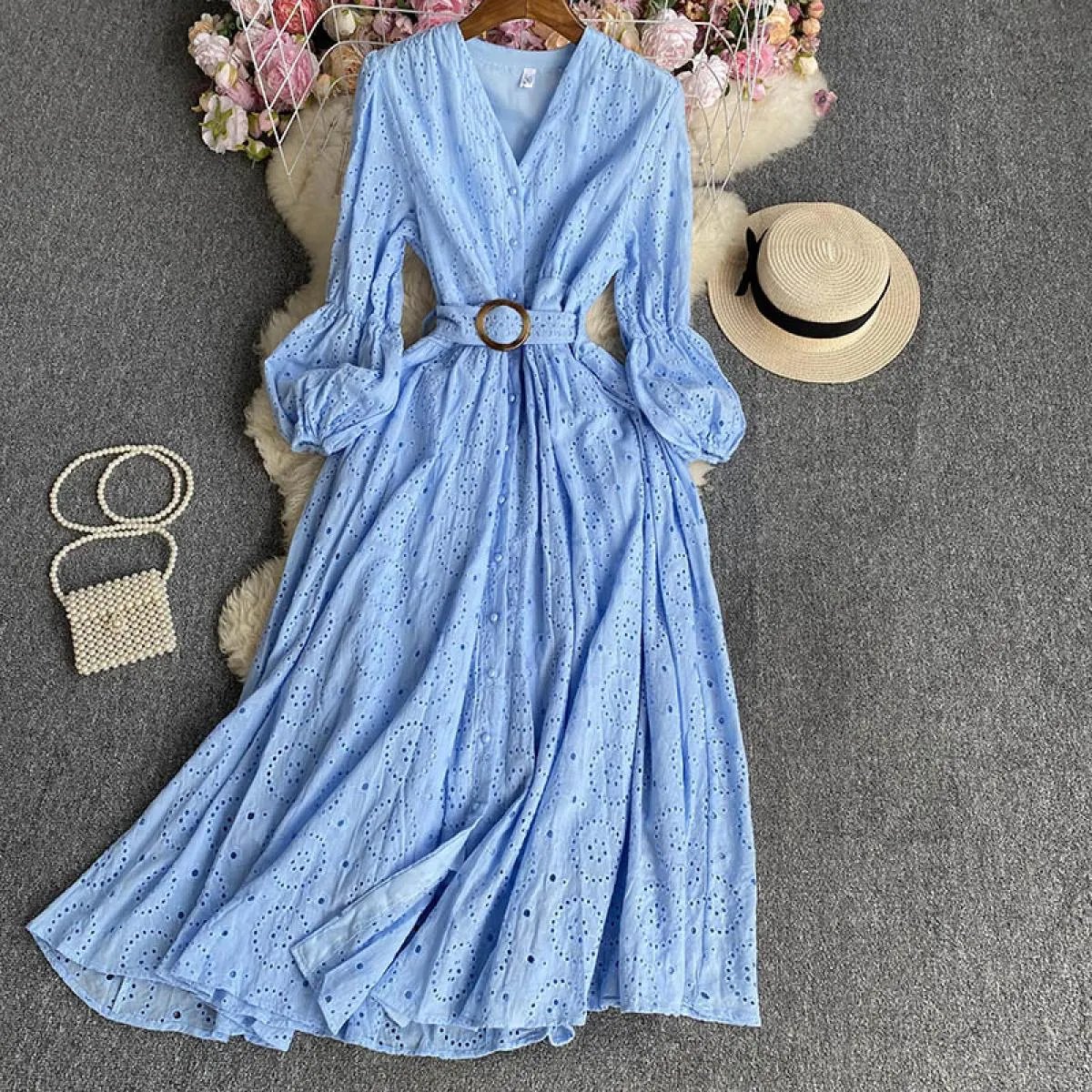 Abito lungo Boho autunnale per donna Abito longuette in cotone a maniche lunghe con cintura cava Vestidos monopetto femminile Vi