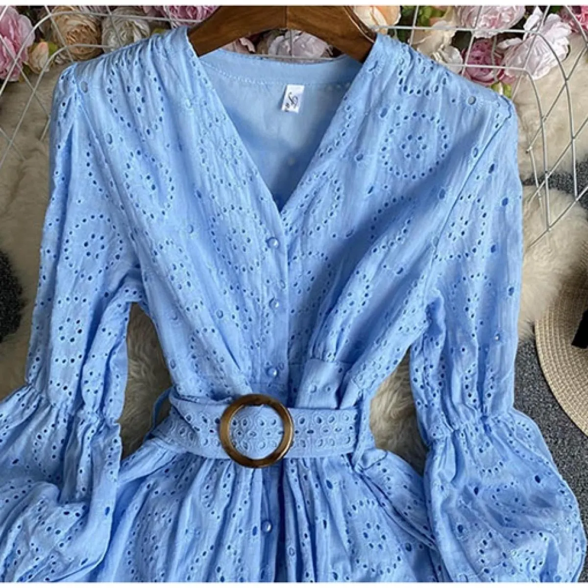 Abito lungo Boho autunnale per donna Abito longuette in cotone a maniche lunghe con cintura cava Vestidos monopetto femminile Vi