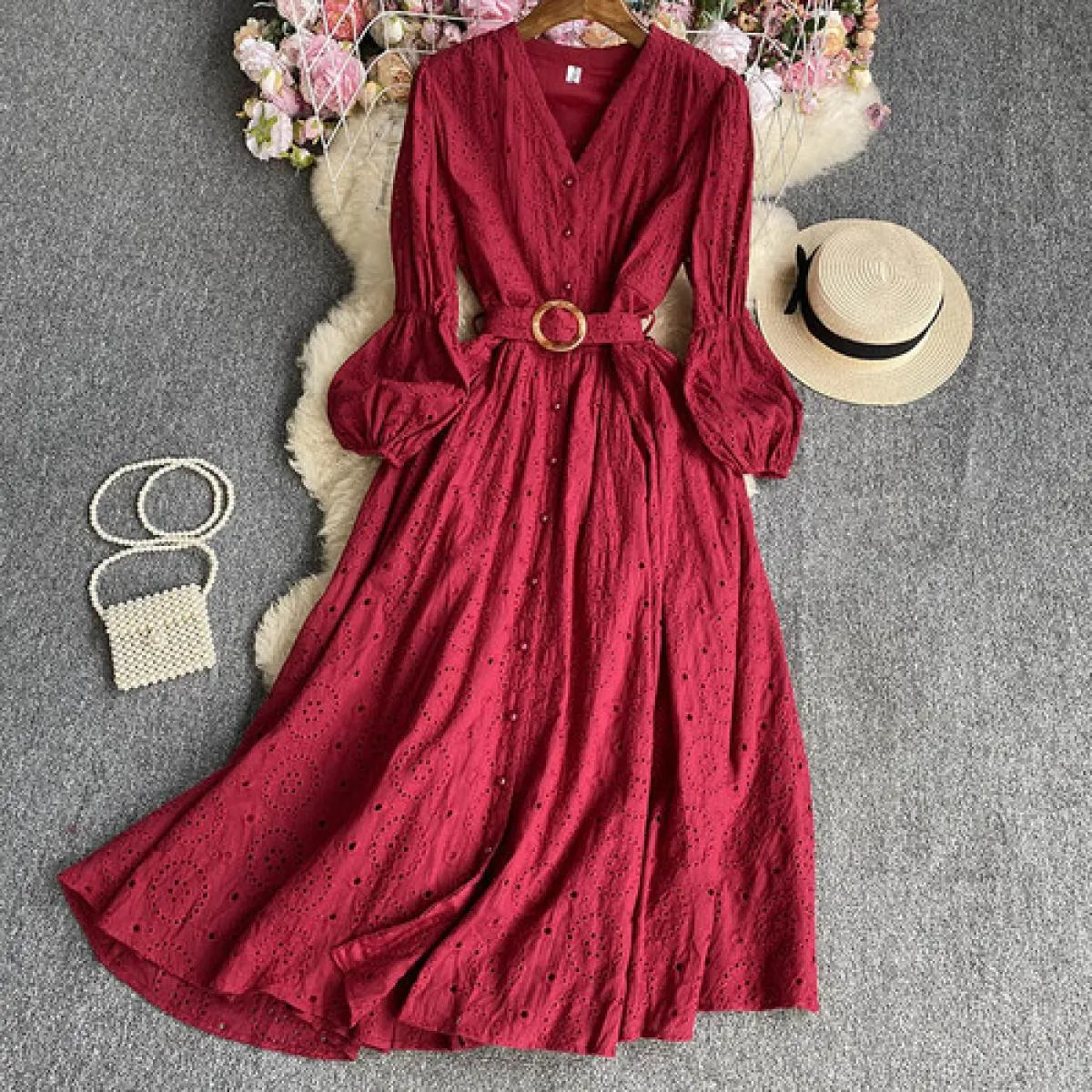 Abito lungo Boho autunnale per donna Abito longuette in cotone a maniche lunghe con cintura cava Vestidos monopetto femminile Vi