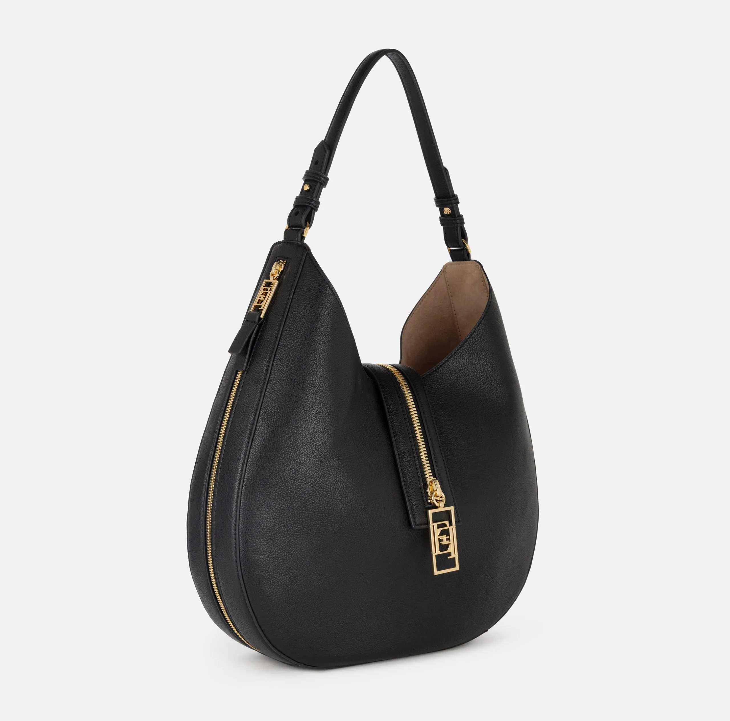 Borsa Hobo Grande Materiale Effetto Pelle Zip Nero e Camel Elisabetta Franchi