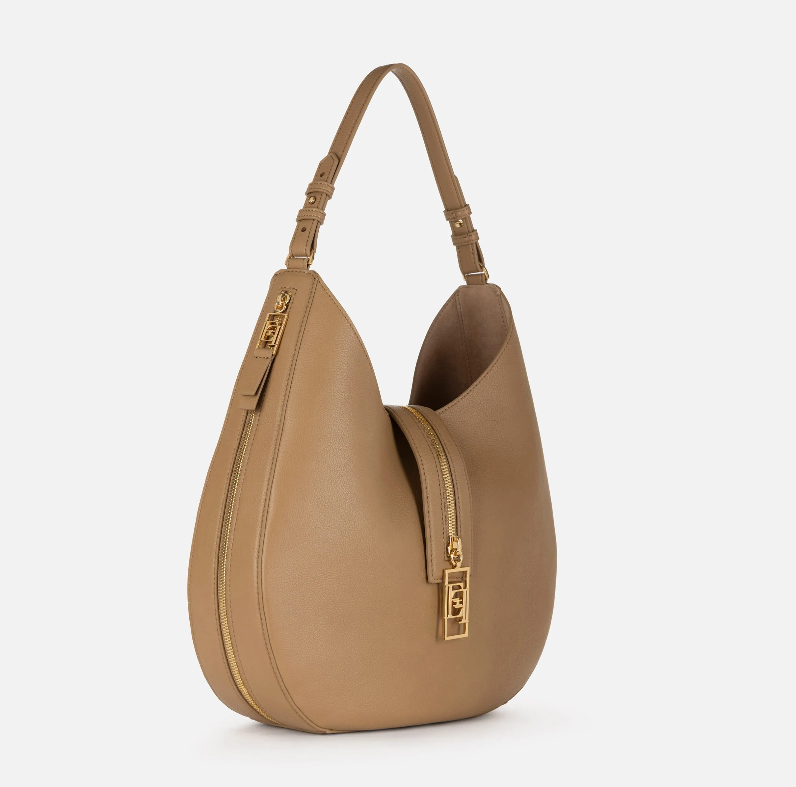 Borsa Hobo Grande Materiale Effetto Pelle Zip Nero e Camel Elisabetta Franchi