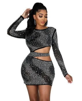 Cutully Womens For Dress Bodycon Mini Abiti Girocollo Diamanti Solid Black Sheer Mesh Manica Lunga Scava Fuori Vestido