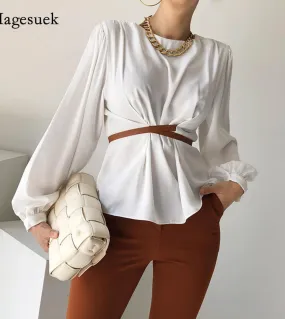 Elegante camicetta bianca moda donna autunno girocollo chic cintura incrociata camicia da donna sottile manica lunga Blusas De M