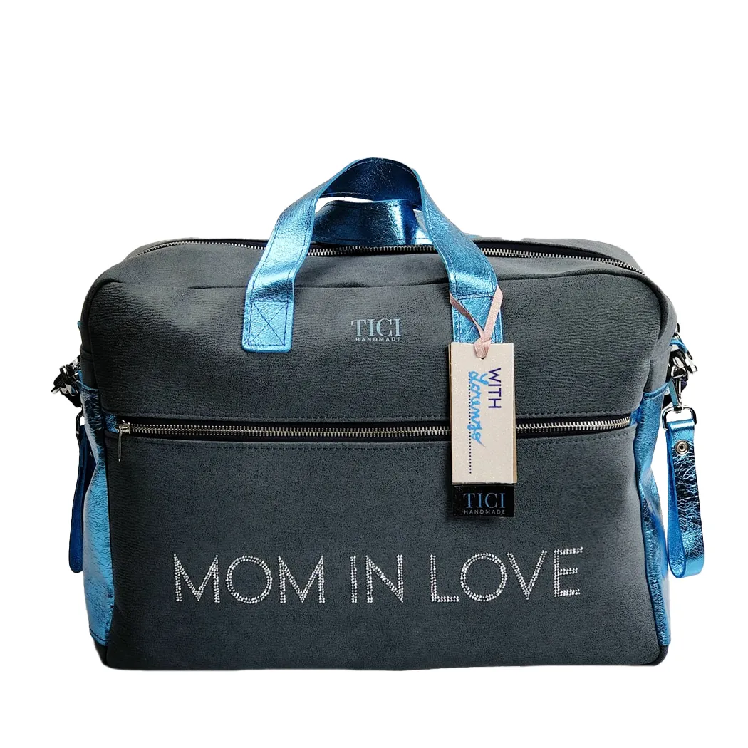 Mommy Bag modello Asia - Borsa Passeggino inserti celesti con Nome