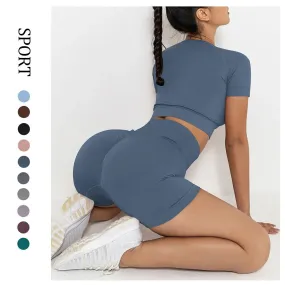 Set da yoga senza cuciture Sport Fitness Vita alta Pantaloncini per il sollevamento dell'anca Abiti a maniche corte Abiti da all